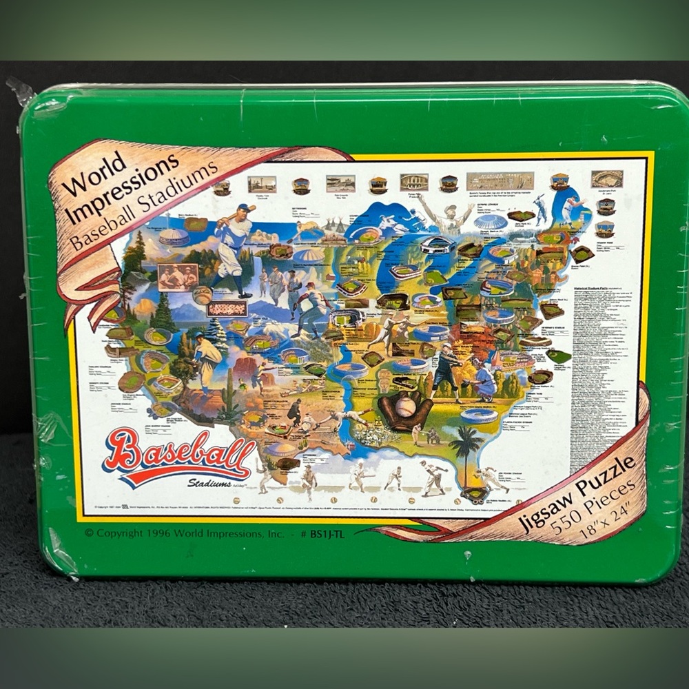 VINTAGE 1996 World Impressions Baseball Stadiums Jigsaw Puzzle in Tin Box 18x24” - Picture 1 of 3